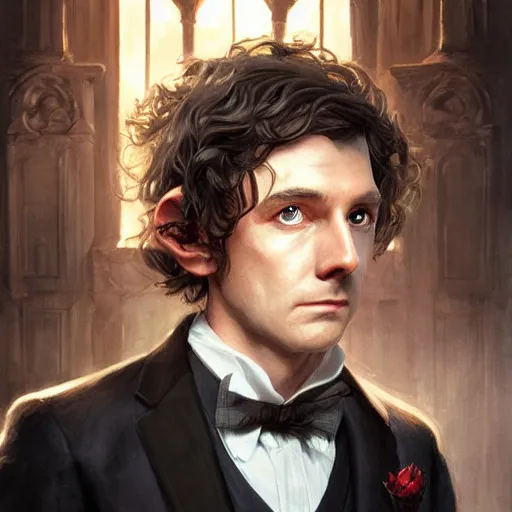 Prompt: masterpiece portrait of a hobbit gentleman in a tuxedo, Cinematic lightning, D&D, fantasy, highly detailed, digital painting, sharp focus, illustration, art by artgerm and greg rutkowski and magali villeneuve