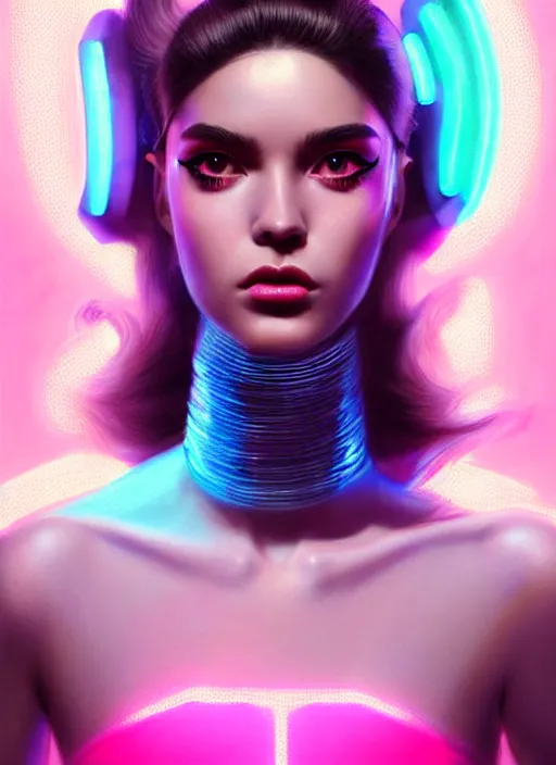 Prompt: photorealistic portrait of female humanoid, cyber neon lights, highly intricate, retro 6 0 s haute couture fashion, elegant, highly detailed, crispy quality, trending on artstation, trending on pinterest, glamor pose, no signature, no watermark, smooth, cinematic, art by artgerm and greg rutkowski