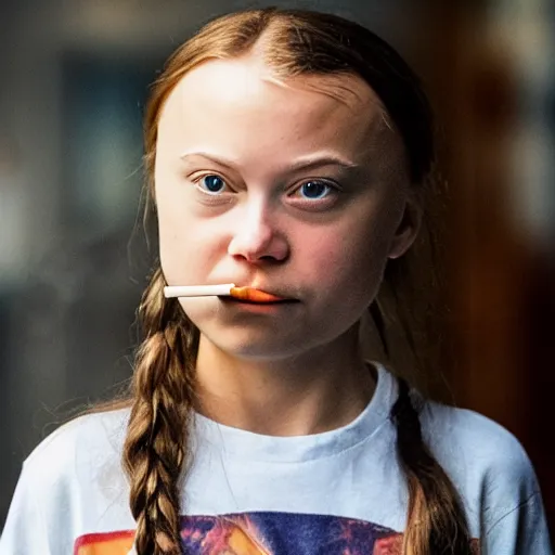 Image similar to hyper - realistic studio photograph of greta thunberg smoking a cigarette