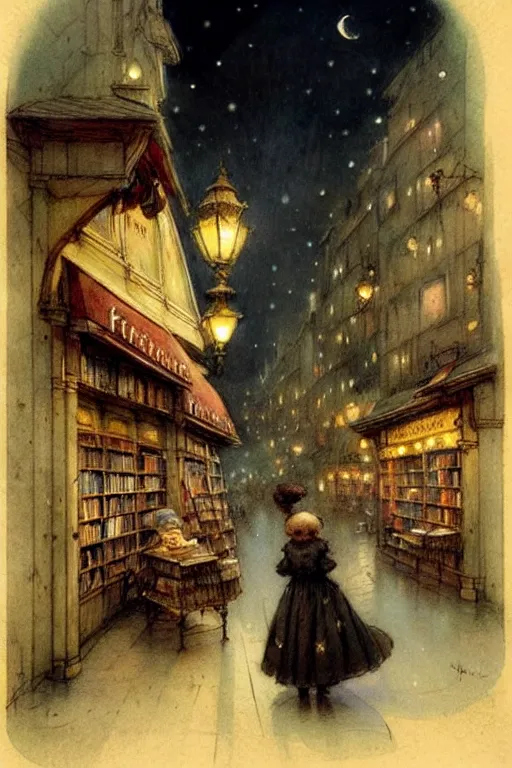 Image similar to (((((1950s bookshop in a fairy tale city at night . muted colors.))))) by Jean-Baptiste Monge !!!!!!!!!!!!!!!!!!!!!!!!!!!