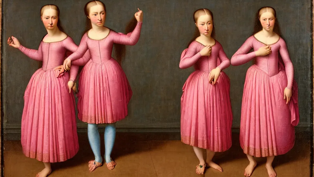 Prompt: portrait of twins wearing pink dresses, standing facing each other in front of a lightning storm, intricate details, high detail, renaissance style, super-flat, in the style of Jean Auguste Dominique Ingres, James Jean, punk, Asian art,