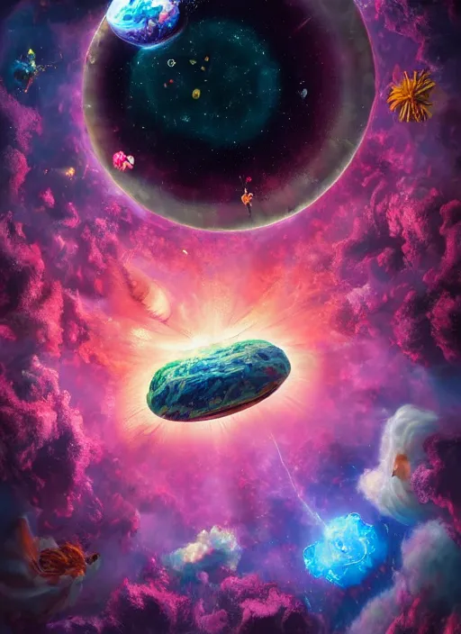 Prompt: An epic fantastic realism comic book style painting of the most beautiful flowers launched into space, bouquets, everything being pulled into a black hole, floral meteor, fisheye, unreal 5, DAZ, hyperrealistic, octane render, dynamic lighting