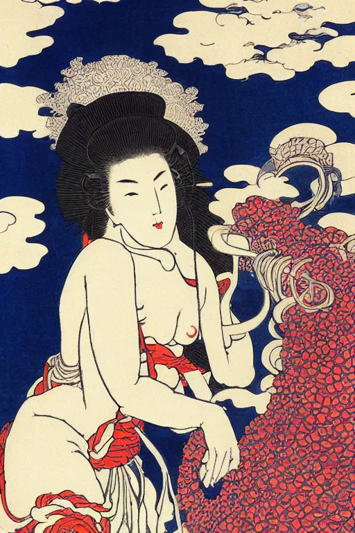 Prompt: godess with headphones, by katsushika hokusai, by ralph steadman, storybook illustration, cool color palette, in a symbolic and meaningful style, space sci - fi of ancient religion