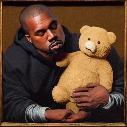 Image similar to A renaissance painting of Kanye West with a anthropomorphic Teddy Bear mascot, portrait, album cover,