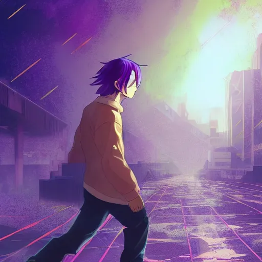 Prompt: manga cover of a shattered young prince, running to the horizon for a brand new start, golden rays of sunlight, purple, blue and pink colors, manga style, cyberpunk, magical, dark vibes, matte painting