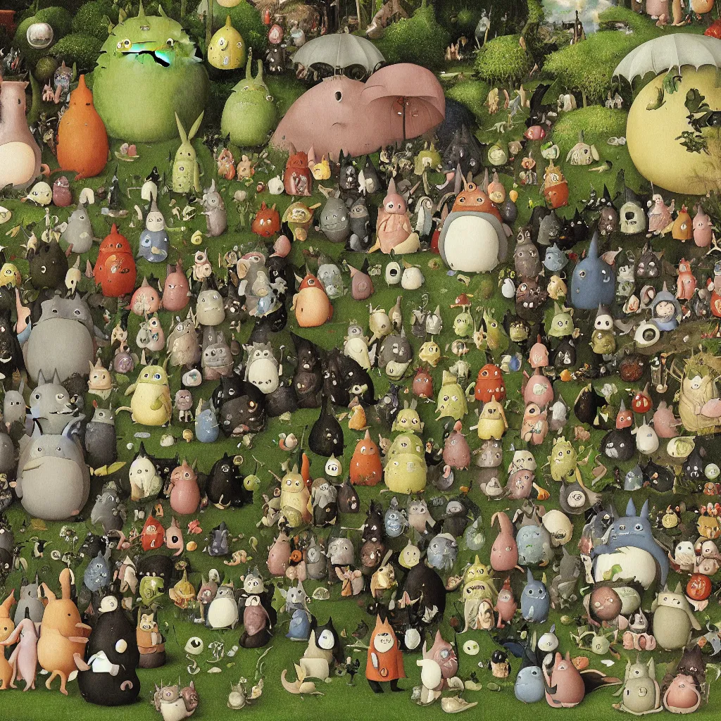 Prompt: detail of garden of earthly delights by studio ghibli. totoro. digital painting. digital render. hieronymus bosch