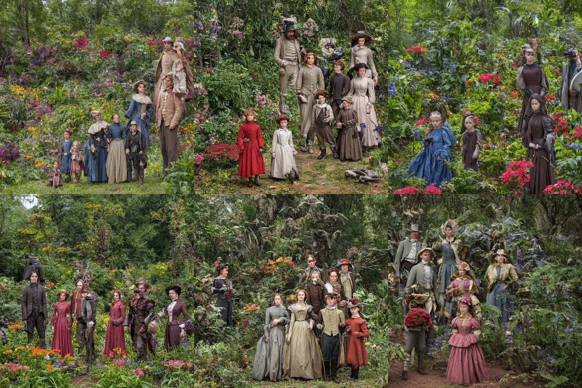 Prompt: sharp, highly detailed, 36864k film, 175000mm film still from a sci fi blockbuster color movie made in 2019, set in 1860, of a family standing in a park, next to some strange alien plants and flowers, on an alien planet, the family are all wearing 1860s era clothes, good lighting, Canon EF 35mm f/1.4L II USM lens