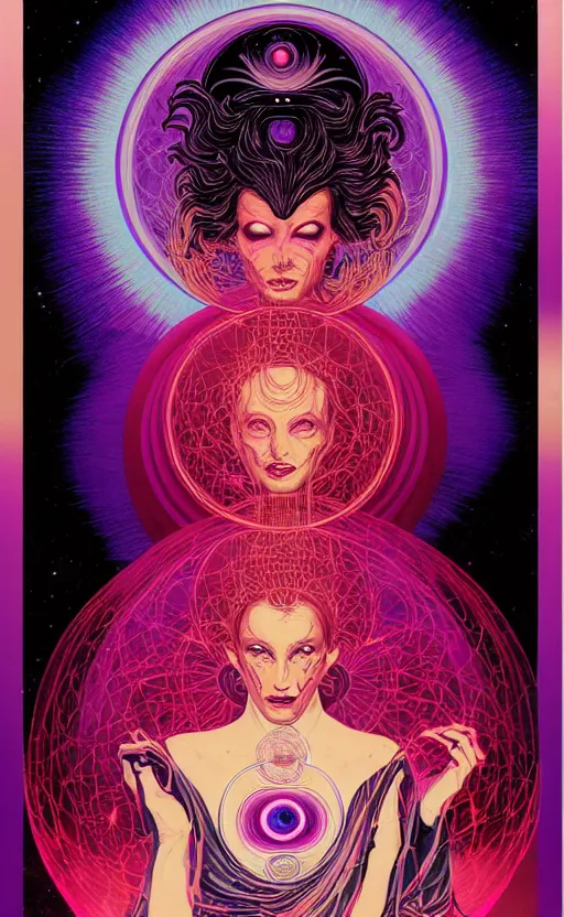 Prompt: Portrait of beautiful woman channeling third eye energy, surrounded by a background of dark cyber mystic alchemical transmutation heavenless realm, cover artwork by philippe caza, midnight hour, part by francis bacon, part by jeffrey smith, part by josan gonzales, part by dan mumford, part by norman rockwell, part by phil hale, part by kim dorland, rich deep color scheme, artstation, matte gouache illustration, highly detailed,