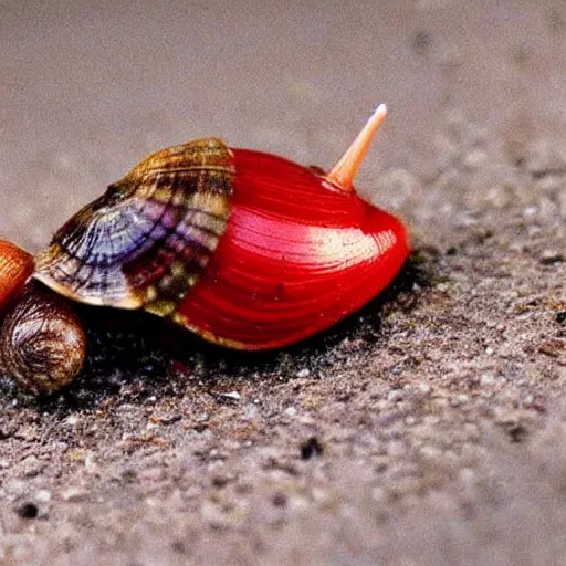 Prompt: A realistic photo of a snail with red eyes