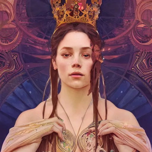 Prompt: a Portrait of A queen whose body is transparent and whose body radiates holy light by greg rutkowski and alphonse mucha,In style of illustration.digital art,hyper detailed,smooth, sharp focus,trending on artstation,4k