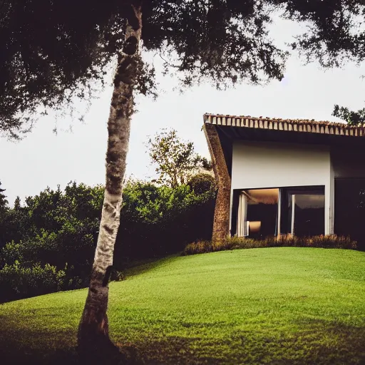 Prompt: cozy villa on a grassy hill, photography, 20mm