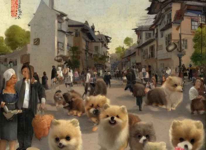 Image similar to too many pomeranians in the street, idealized pleasant fresco of a suburban area, trending on pixiv, brilliant pomeranian puppies in the street.