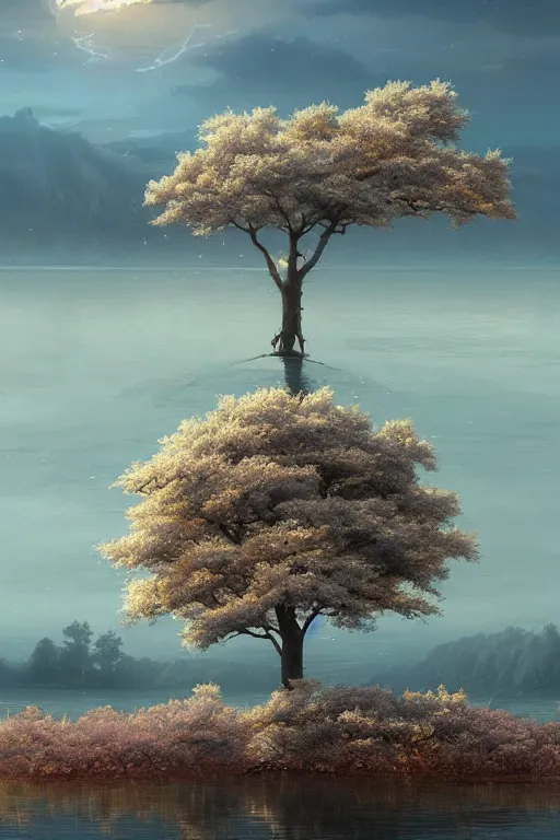 Image similar to a distant! sakura tree on a lake, viewed from afar, stephen bliss, misty, unreal engine, fantasy art by greg rutkowski, loish, rhads, ferdinand knab, makoto shinkai and lois van baarle, ilya kuvshinov, rossdraws, tom bagshaw, global illumination, radiant light, minimalist, detailed and intricate environment