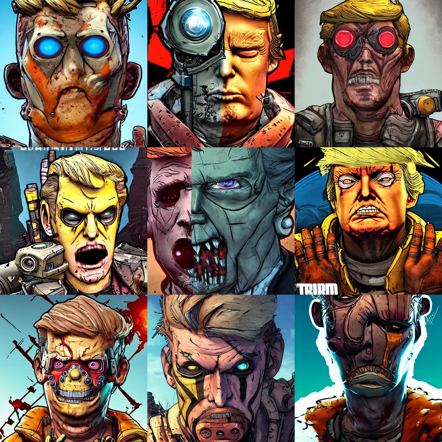 Prompt: borderlands 3 !!!donald trump! cell shaded! scary head portrait ofcyclops half cyborg donald trump! cyclops as Borderlands 3 concept art, llustration, postapocalyptic grunge, concept art by Laurie Greasley, highly detailed, sharp focus,alien, HQ, 4K ,art by Laurie Greasley