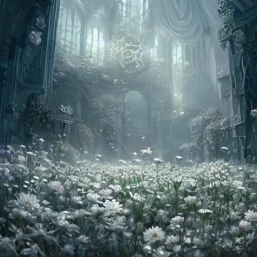 Image similar to intricate white bio - mechanical flowers, intricate environment, matte painting, cinematic, epic composition, highly detailed, atmospheric, wide angle, artstation trending