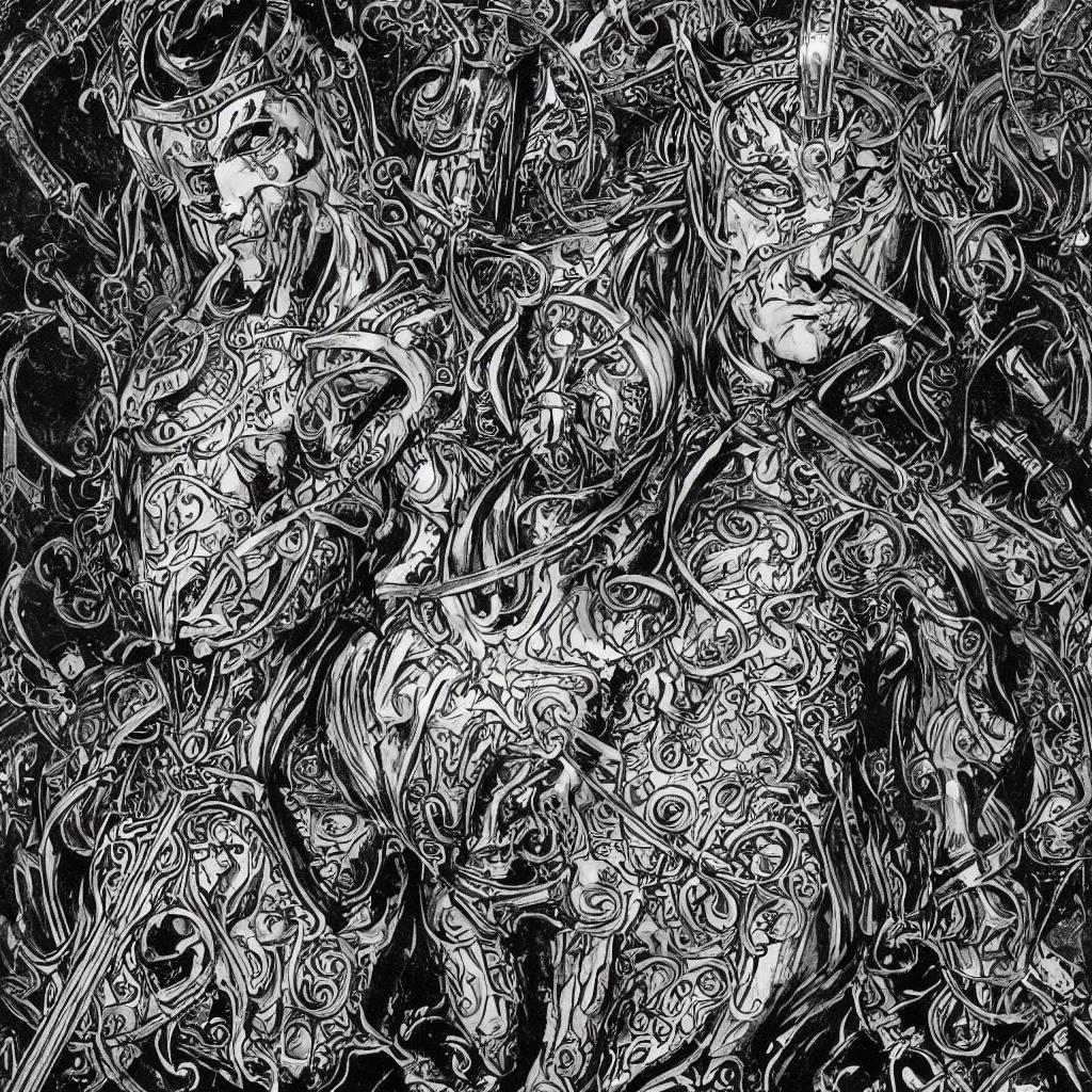 Image similar to A colorful art nouveau bust portrait of Elric in black shining armor, holding a rune-engraved black broadsword that glows with eldritch power, wearing an intricately detailed chaos star crown, by P. Craig Russell, Michael Kaluta and Jia Ruan, fantasy, crisp lighting and edges, dark ambience, malevolent expression, determination, fear, confidence, accurate symmetrical facial details, aquiline facial features, medieval fantasy designs, white wolf, anime style