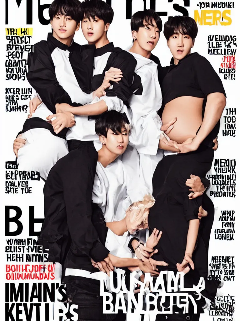 Prompt: Cover of Mens Health featuring a pregnant BTS Jungkook