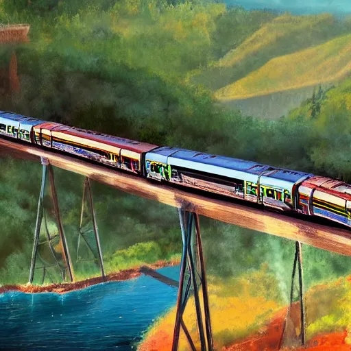 Prompt: train going over a trestle bridge in the mountains, concept art, illustrated, highly detailed, high quality, bright colors, optimistic,