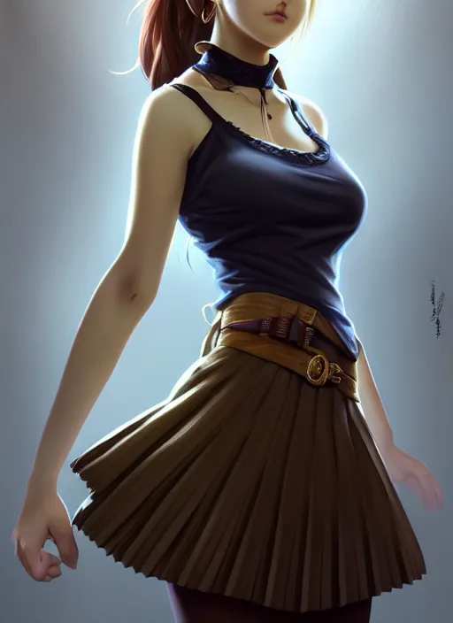 Image similar to portrait of a full body of beautiful young female detective, d & d, sleeveless turtleneck, pleated skirt, fantasy, flat lighting, intricate, highly detailed, digital painting, artstation, concept art, smooth, sharp focus, illustration, misa amane, art by simon bisley and greg rutkowski and alphonse mucha, natural tpose
