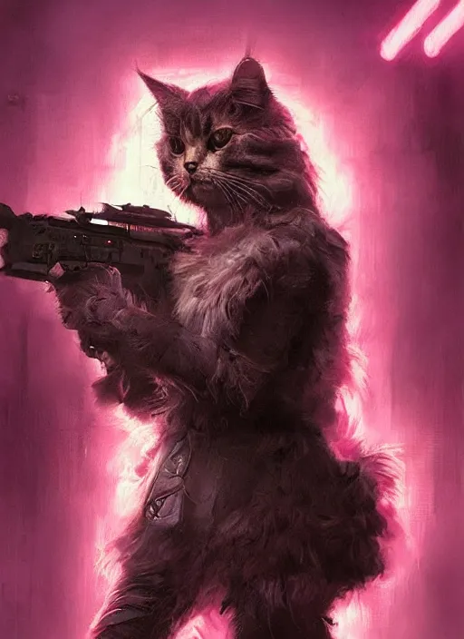 Image similar to a portrait of a futuristic cyberpunk british longhair cat soldier in war scene, epic scene, epic lighting, pink vibe, by greg rutkowski