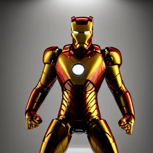 Image similar to cat inside black and gold iron man suit, octane render, realistic lighting, unreal engine