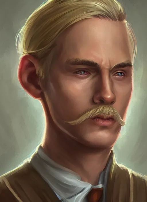 Image similar to young man with short light blonde combover hair and moustache, dndbeyond, bright, colourful, realistic, dnd character portrait, full body, pathfinder, pinterest, art by ralph horsley, dnd, rpg, lotr game design fanart by concept art, behance hd, artstation, deviantart, hdr render in unreal engine 5