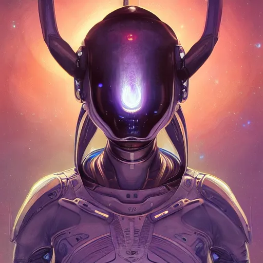 Image similar to portrait of an alien wearing a tight and smooth space suit, cosmic background, intimidating, intricate, headshot, highly detailed, digital painting, artstation, concept art, sharp focus, cinematic lighting, illustration, art by artgerm and greg rutkowski, alphonse mucha, cgsociety