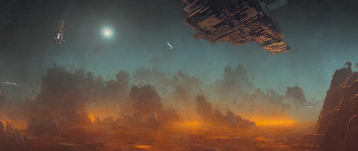 Image similar to lone industrial!!! spaceship!!, deepspace exploration!!!, only sky and space, ridley scott universe, floating in space, the final frontier, illustrative!!, ian mcque, apparent brush strokes, hyperdetailed, sketch, cinematic lighting, 4k, wide angle, trending on artstation, beksinski, by gustav doré, ((neon colors))