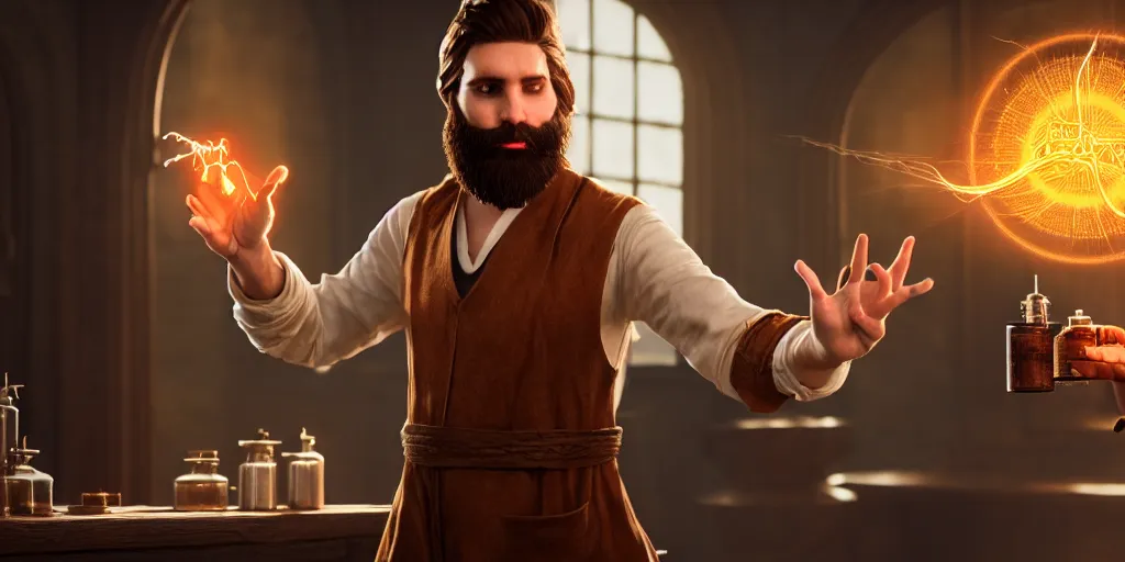 Prompt: scene of a handsome bearded caucasian male sorcerer with brown hair he is casting a spell that is emanating from his hands he is in a alchemist lab, action pose, digital art, photoreal, 4 k, unreal engine