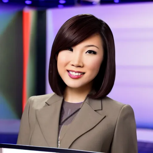 Image similar to a fullbody shot of a beautiful, asian - american female news anchor, with a bob cut, ultra hd, high definition, high quality, crisp, sharp, smooth, 8 k resolution