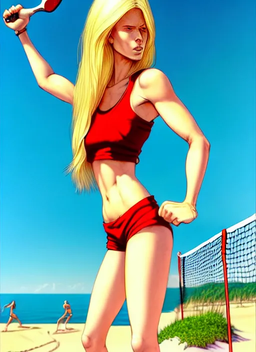 Image similar to , a gorgeous hulking beast of a woman with very long hip-length blonde hair, happy sunny day, wearing a cut-off white top and red dirt cut-off shorts standing by the water, beach tennis, modern architecture, in the style of artgerm and moebius and annie liebovitz, marvel comics, photorealistic, highly detailed, trending on artstation, Gediminas Pranckevicius