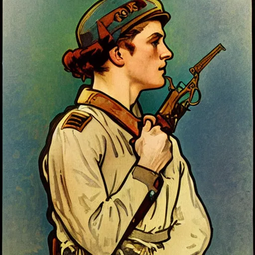 Image similar to ww 1 soldier, painted by alphonse mucha