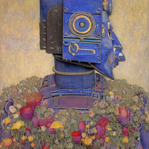 Image similar to a robot wearing a mask made of flowers, by annie swynnerton and diego rivera and nicholas roerich and jean delville, symbolist, dramatic lighting, elaborate geometric ornament, art brut, soft cool colors, smooth, sharp focus, extremely detailed, adolf wolfli and donato giancola and dan munford