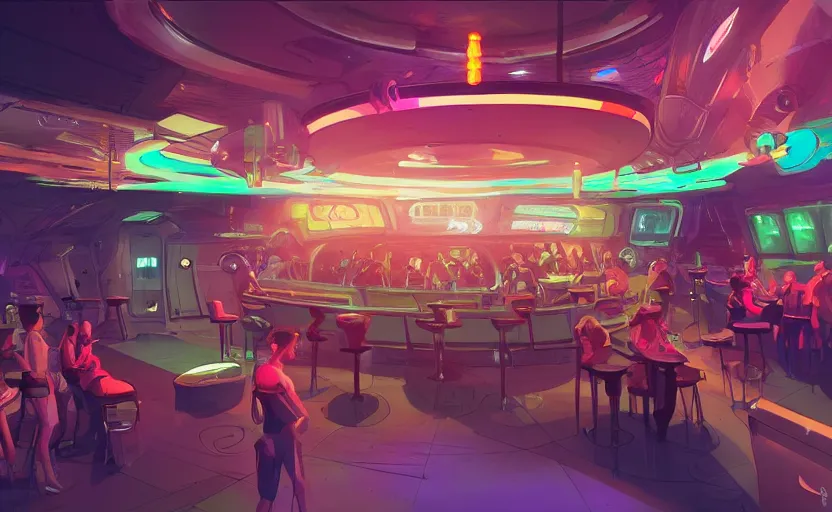 Prompt: a space station bar with humans and aliens interacting and drinking, artstation, concept art by peter chan, colorful lighting