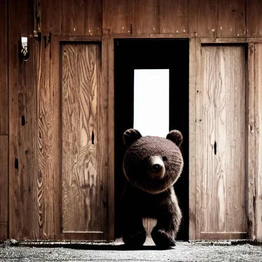 Image similar to dark photograph of a small bear mascot walking through a large wooden doorway