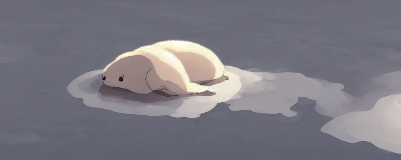 Prompt: a baby harp seal looking distressed, floating on ice away from land, atey ghailan, goro fujita, studio ghibli, rim light, gray lighting, clear focus, very coherent,