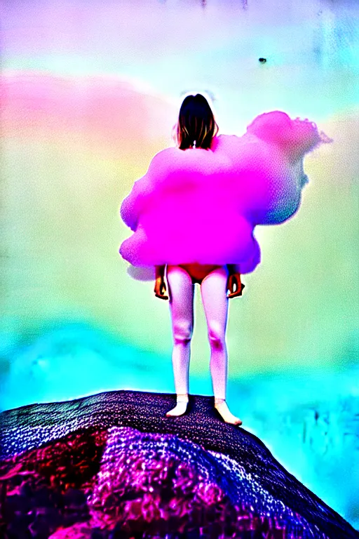 Image similar to high quality pastel coloured film close up wide angle photograph of a model wearing clothing swimming on cloud furniture in a icelandic black rock!! environment in a partially haze filled dreamstate world. three point light, rainbow. photographic production. art directed. pastel colours. volumetric clouds. pastel gradient overlay. waves glitch artefacts. extreme facial clarity. 8 k. filmic.