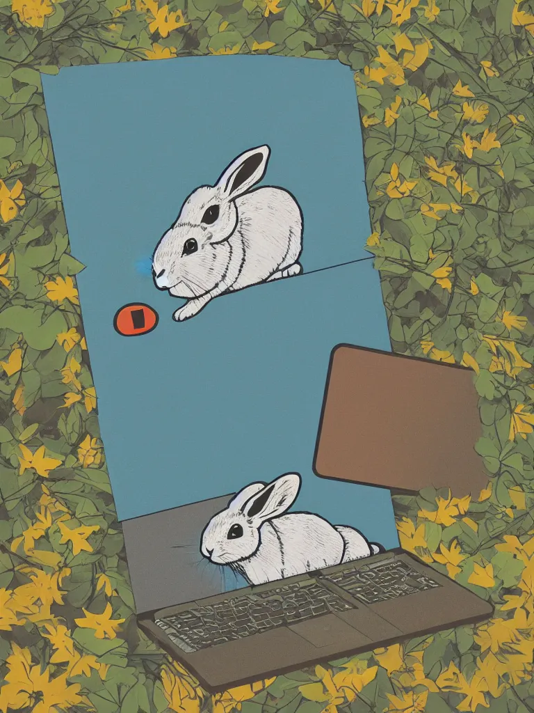 Image similar to screen print of a rabbit in nature, with laptop