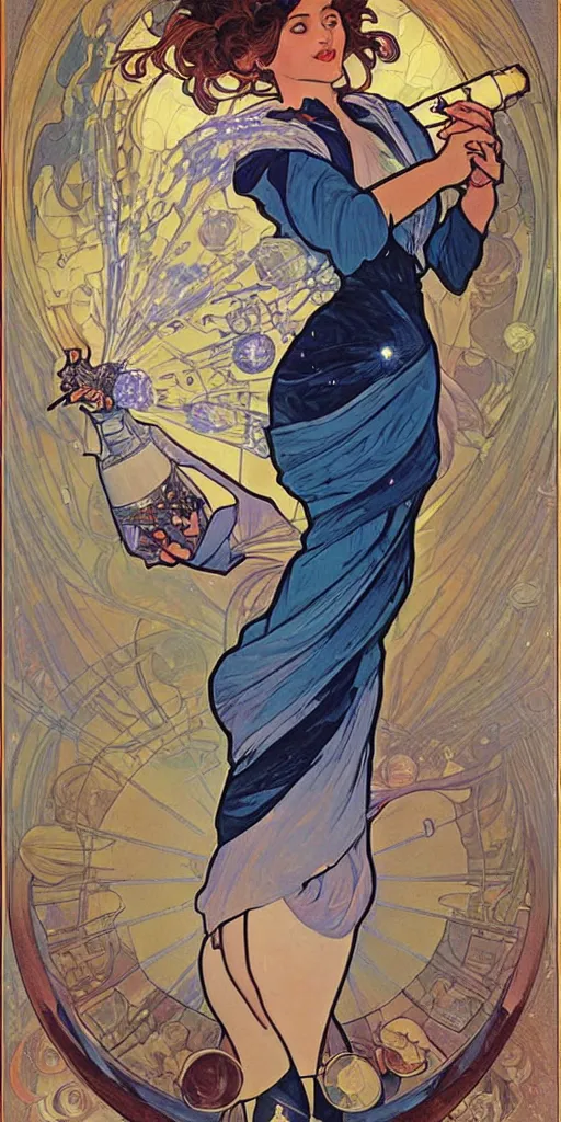 Image similar to a woman wearing outer space as a dress, pouring water from a vase into the milky way, by joe madura, by alphonse mucha, battle chasers.