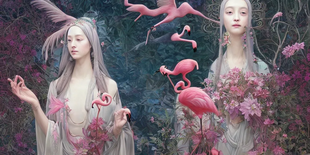 Image similar to breathtaking detailed weird concept art painting of the goddess of flamingo, orthodox saint, with anxious, piercing eyes, ornate background, epic composition, amalgamation of leaves and flowers, by Hsiao-Ron Cheng and John James Audubon and Miho Hirano, extremely moody lighting, 8K