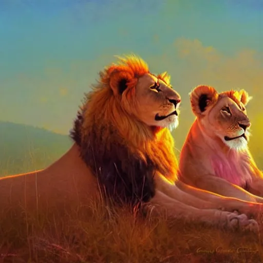 Prompt: twin flame lioness and lion art pink sunset hue highly detailed oil painting hue by craig mullins