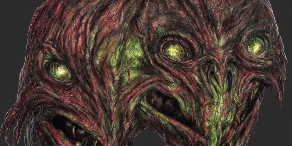 Prompt: a chtulhu creature head closeup, front view, studio lighting, deep colors, apocalyptic setting, gross, evil, veins