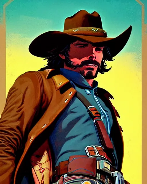 Image similar to mccree from overwatch, space cowboy, outter space, character portrait, portrait, close up, concept art, intricate details, highly detailed, vintage sci - fi poster, retro future, vintage sci - fi art, in the style of chris foss, rodger dean, moebius, michael whelan, and gustave dore