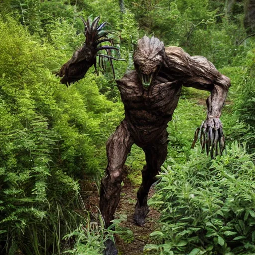 Prompt: a humanoid monster emerging from the shrubs