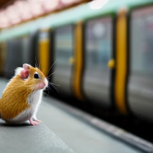 Image similar to detailed photo of a hamster waiting for the train, various poses, full body, unedited, daylight, dof 8 k