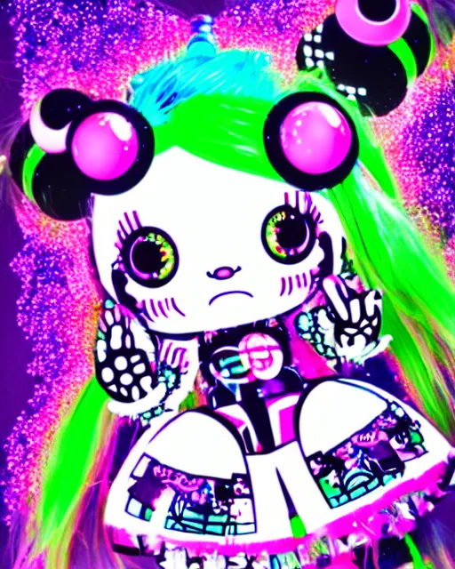 Image similar to cybergoth decora glitchcore yokai girl, sanrio ornaments, pastel cute cinematography