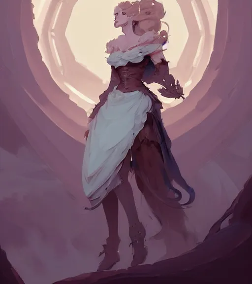 Image similar to portrait of a baroque dress design from fantasy world for dragon queen by atey ghailan, by greg rutkowski, by greg tocchini, by james gilleard, by joe fenton, by kaethe butcher, dynamic lighting, gradient light blue, brown, blonde cream and white color scheme, grunge aesthetic