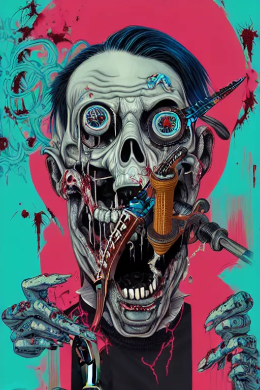 Prompt: zombie punk rocker playing guitar, tristan eaton, victo ngai, artgerm, rhads, ross draws, intricated details, 3 / 4 view, full body portrait