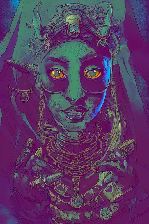 Image similar to portrait of jewel djinn dungeon master in the style of Rob Lefield and Dan Mumford , trending on artstation, digital art,surrealism ,macro,blueprint ,vaporwave ,