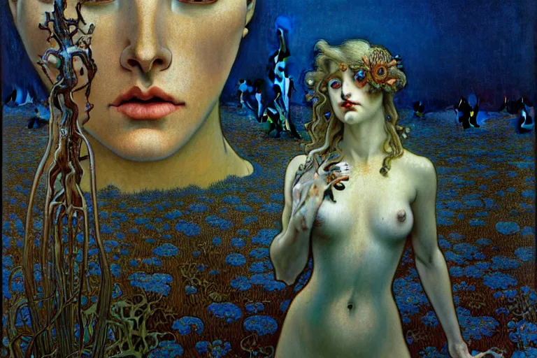 Image similar to realistic detailed portrait painting of a beautiful female zombie, nightly graveyard landscape background by Jean Delville, Amano, Yves Tanguy, Alphonse Mucha, Ernst Haeckel, Edward Robert Hughes, Roger Dean, masterpiece, cinematic composition, dramatic pose, 4k details, rich moody colours, blue eyes